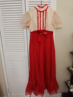 Rare Vintage/Antique Red and Cream Maxi Empire style Dress with polka dots